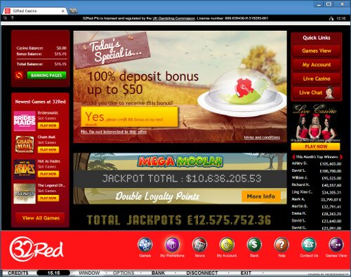 A screenshot of 32Red after loading.