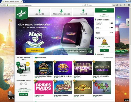 A screenshot of Mr Green's home page.